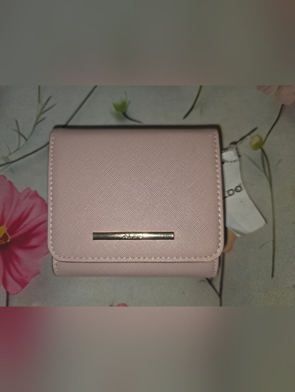 Aldo Blush Pink Saffiano Compact Wallet with Gold Bar